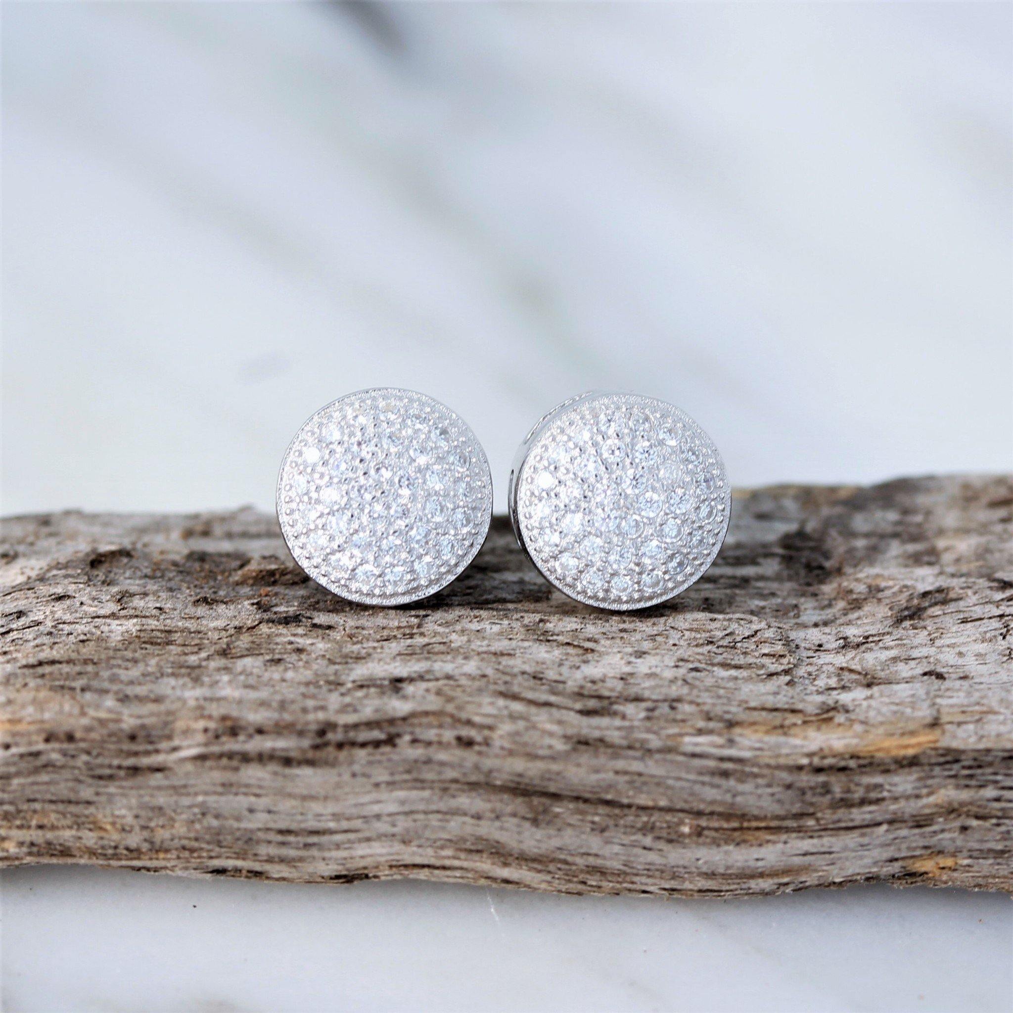 Sterling Silver Bridal Wedding 9mm Round Flat Disc CZ Pave Set Stud Earrings - STERLING SILVER DESIGNS