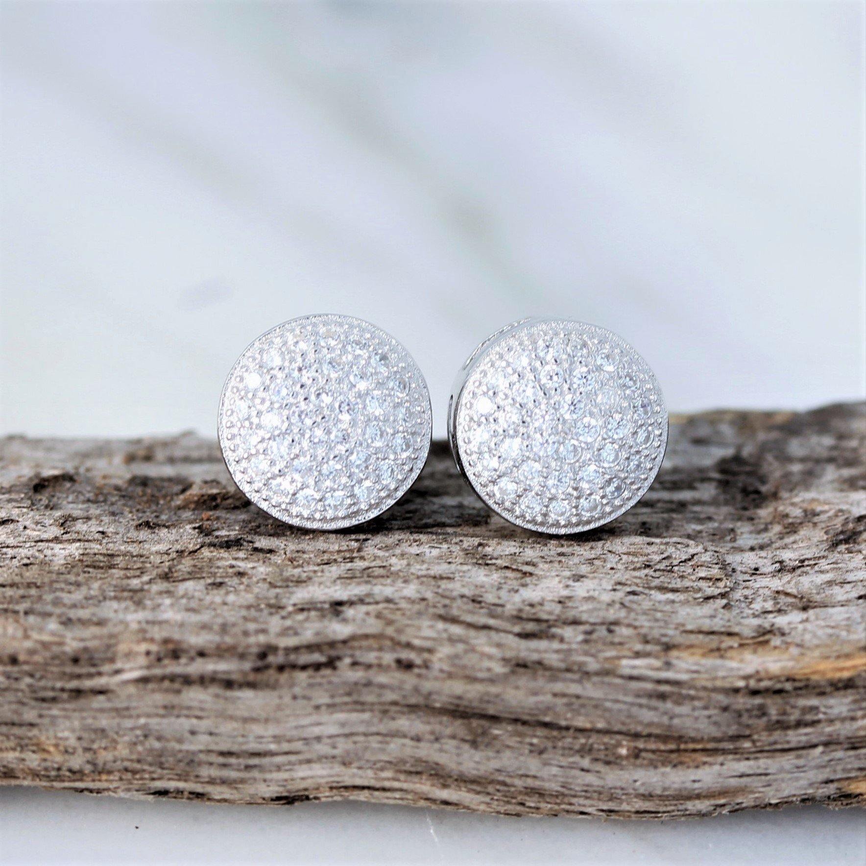 Sterling Silver Bridal Wedding 9mm Round Flat Disc CZ Pave Set Stud Earrings - STERLING SILVER DESIGNS