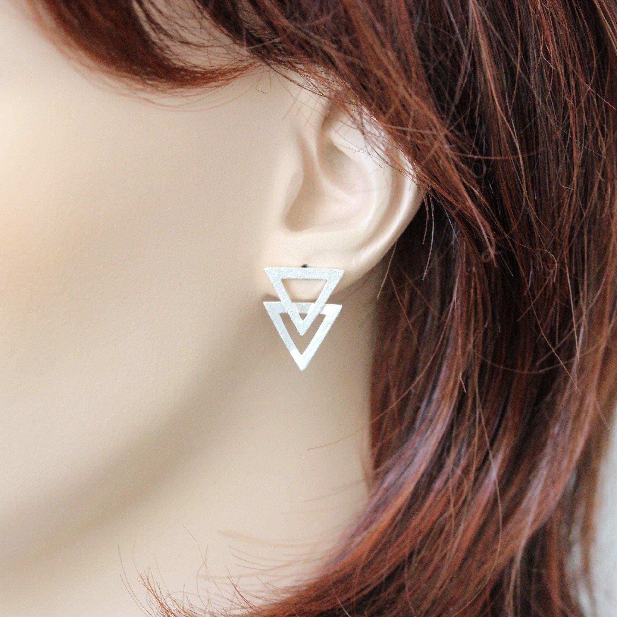 Sterling Silver Matte Look Double Cut Out Triangle Drop Stud Earrings - STERLING SILVER DESIGNS