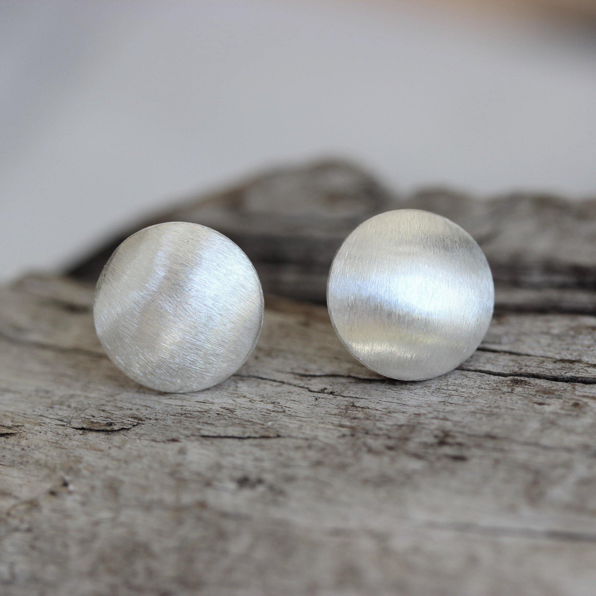 Sterling Silver 12mm Round Puffy Disc Brushed Matte Silver Stud Earrings - STERLING SILVER DESIGNS