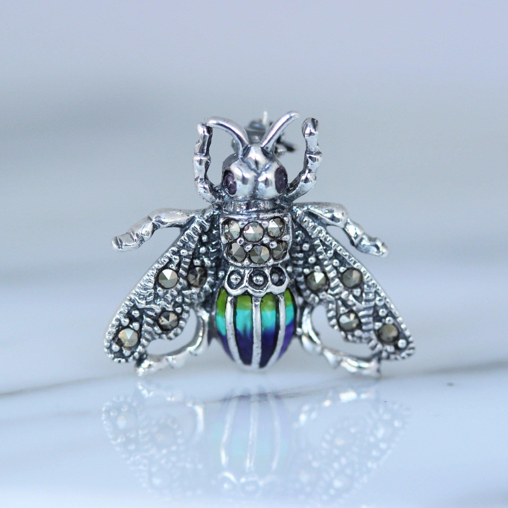 Sterling Silver Marcasite & Enamel Small Bee Bumblebee Brooch Pin - STERLING SILVER DESIGNS
