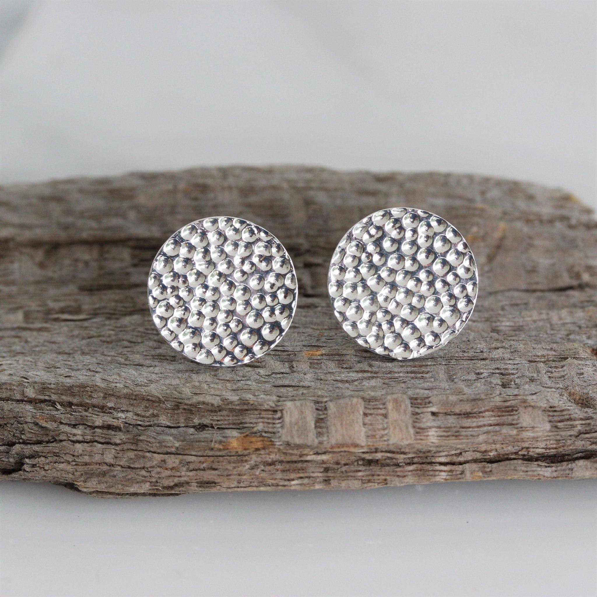 Sterling Silver Big 14mm Round Hammered Beaten Flat Disc Stud Earrings - STERLING SILVER DESIGNS