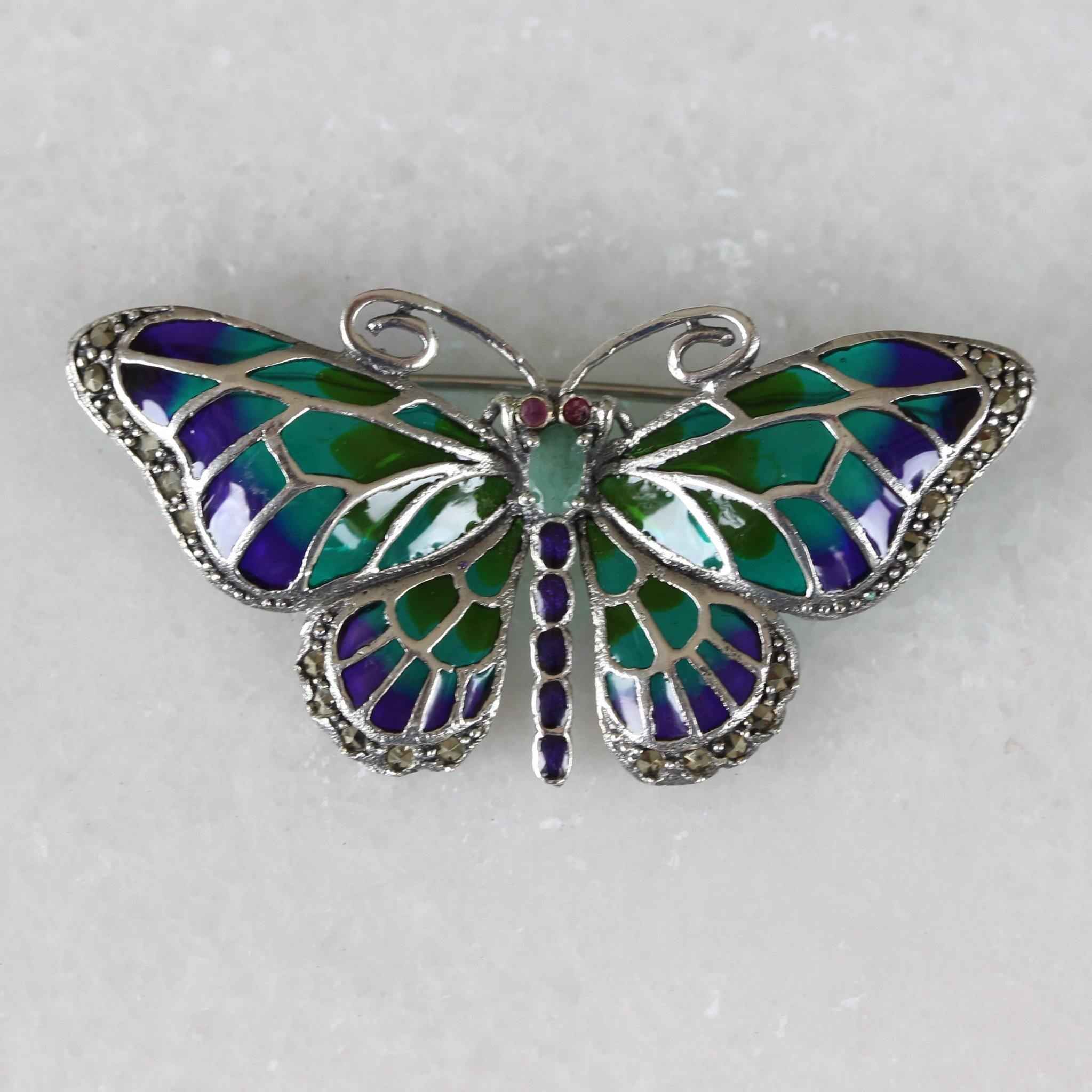 Butterfly Marcasite Emerald Enamel Brooch Pin Sterling Silver Vintage Inspired - STERLING SILVER DESIGNS