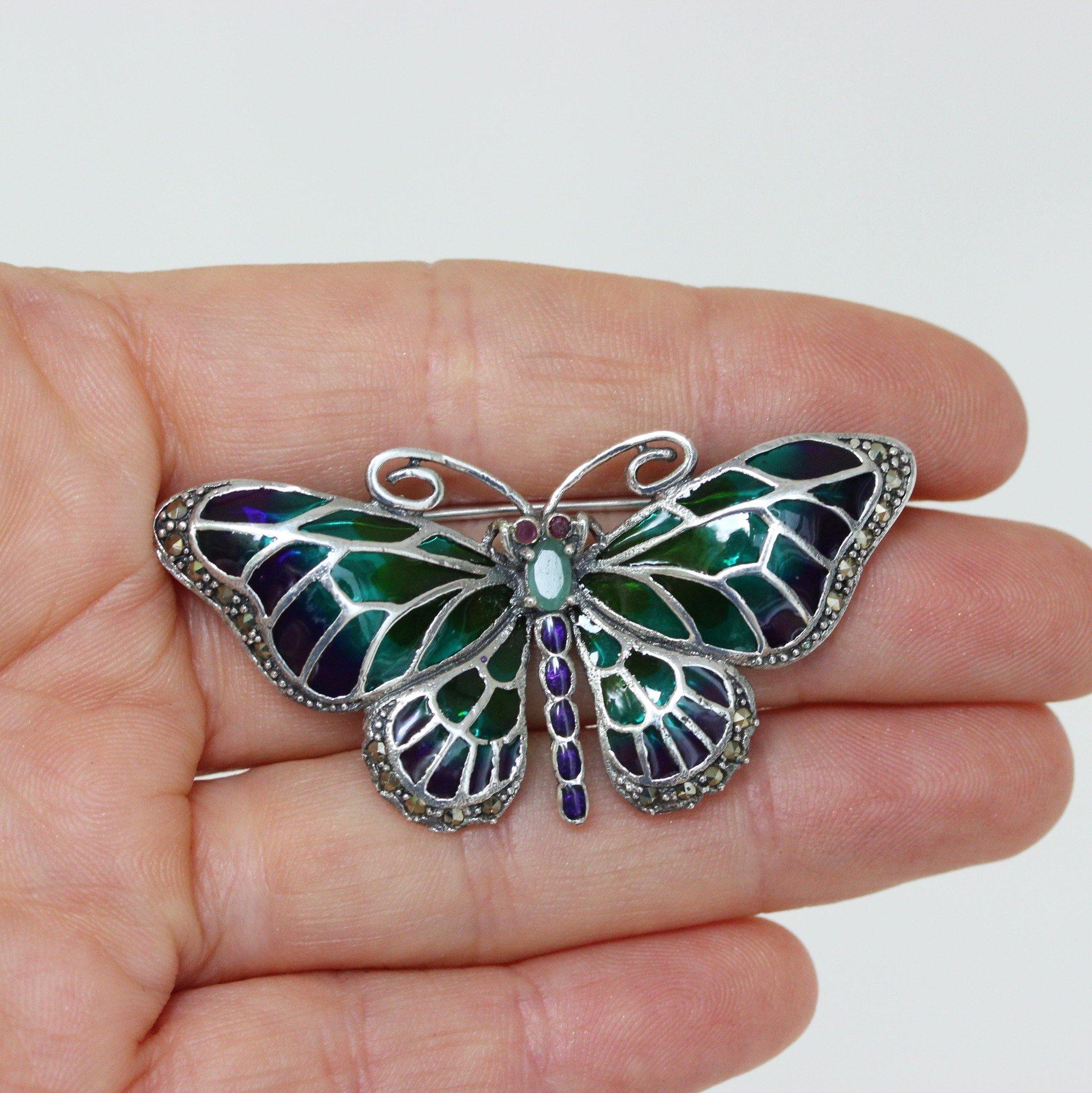 Butterfly Marcasite Emerald Enamel Brooch Pin Sterling Silver Vintage Inspired - STERLING SILVER DESIGNS