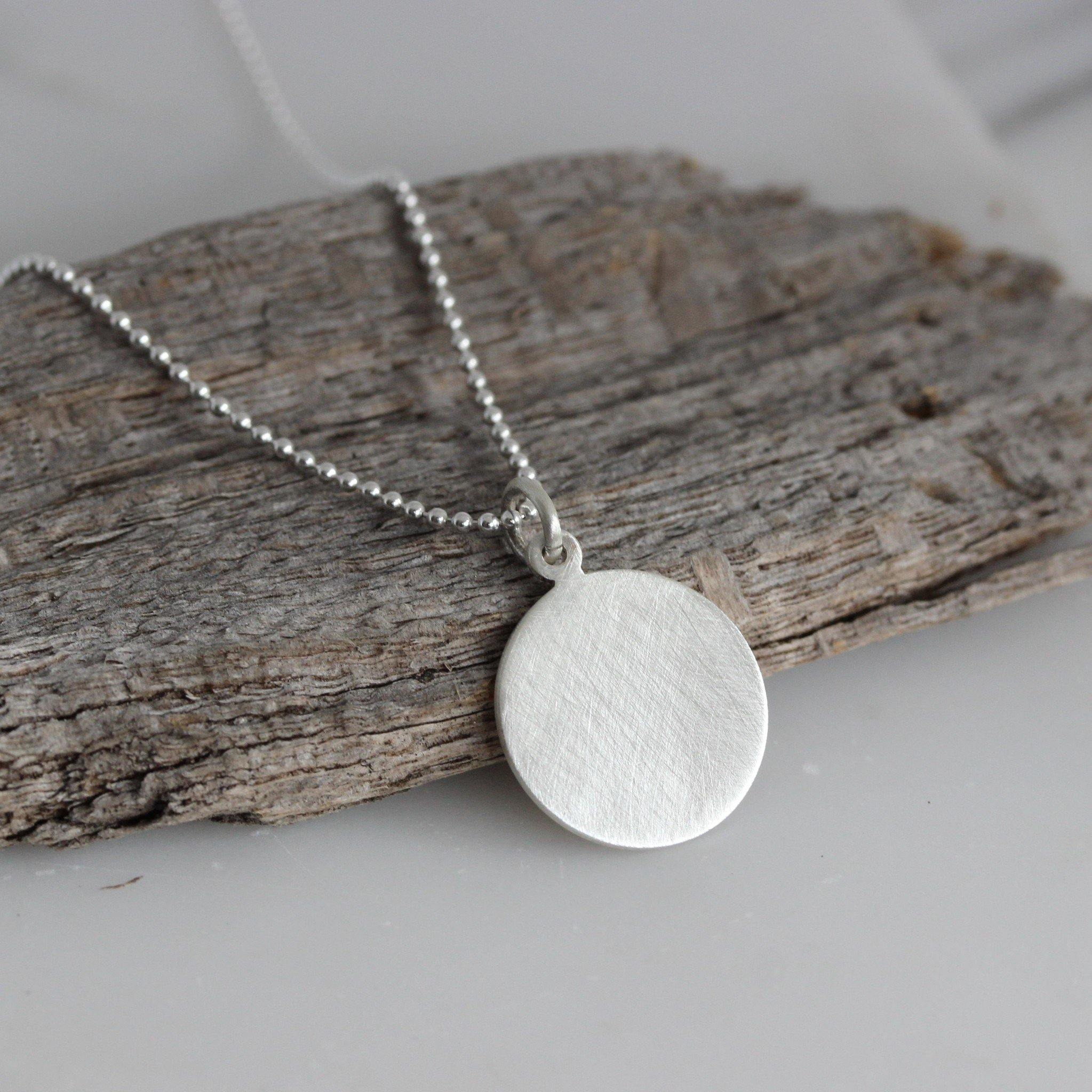 Sterling Silver 16mm Round Matt Brushed Finish Disc Pendant Necklace - STERLING SILVER DESIGNS