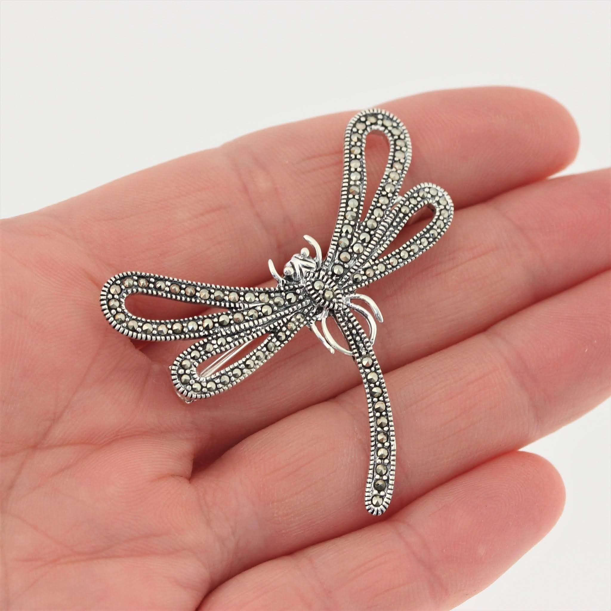 Sterling Silver Marcasite Big Dragonfly Brooch Animal Pin - STERLING SILVER DESIGNS