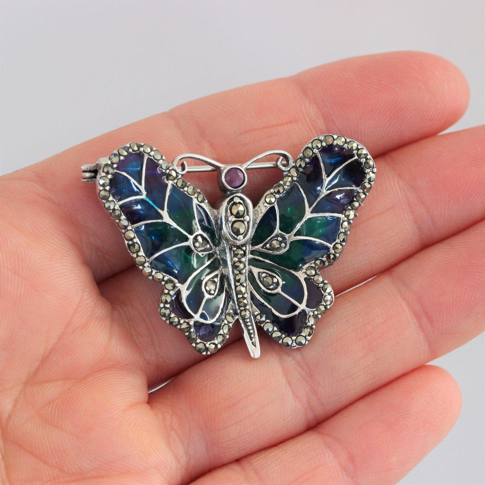 Marcasite Ruby Enamel Butterfly Brooch Pin Sterling Silver Vintage Inspired - STERLING SILVER DESIGNS