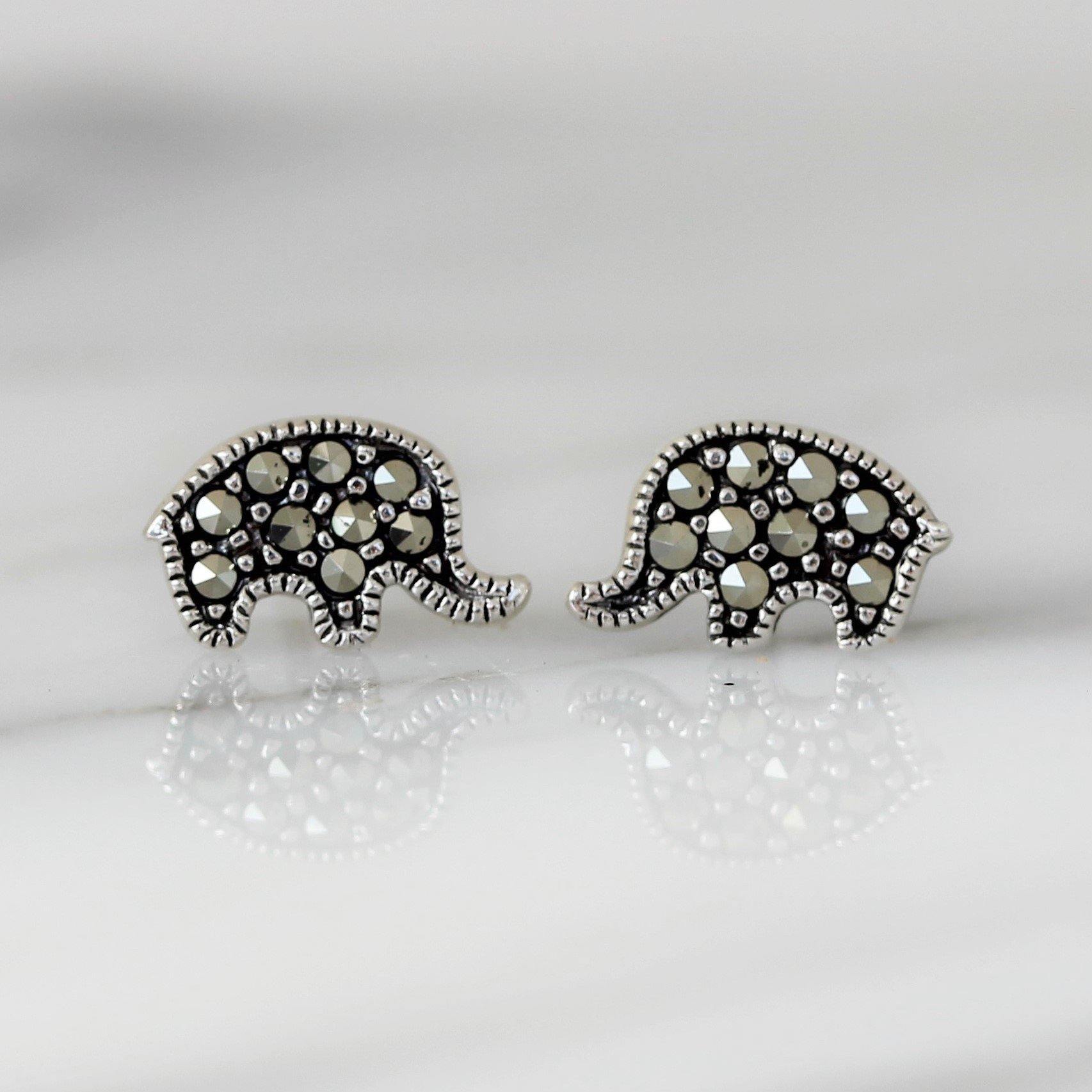 Sterling Silver Marcasite Elephant Earrings Studs Vintage Style - STERLING SILVER DESIGNS