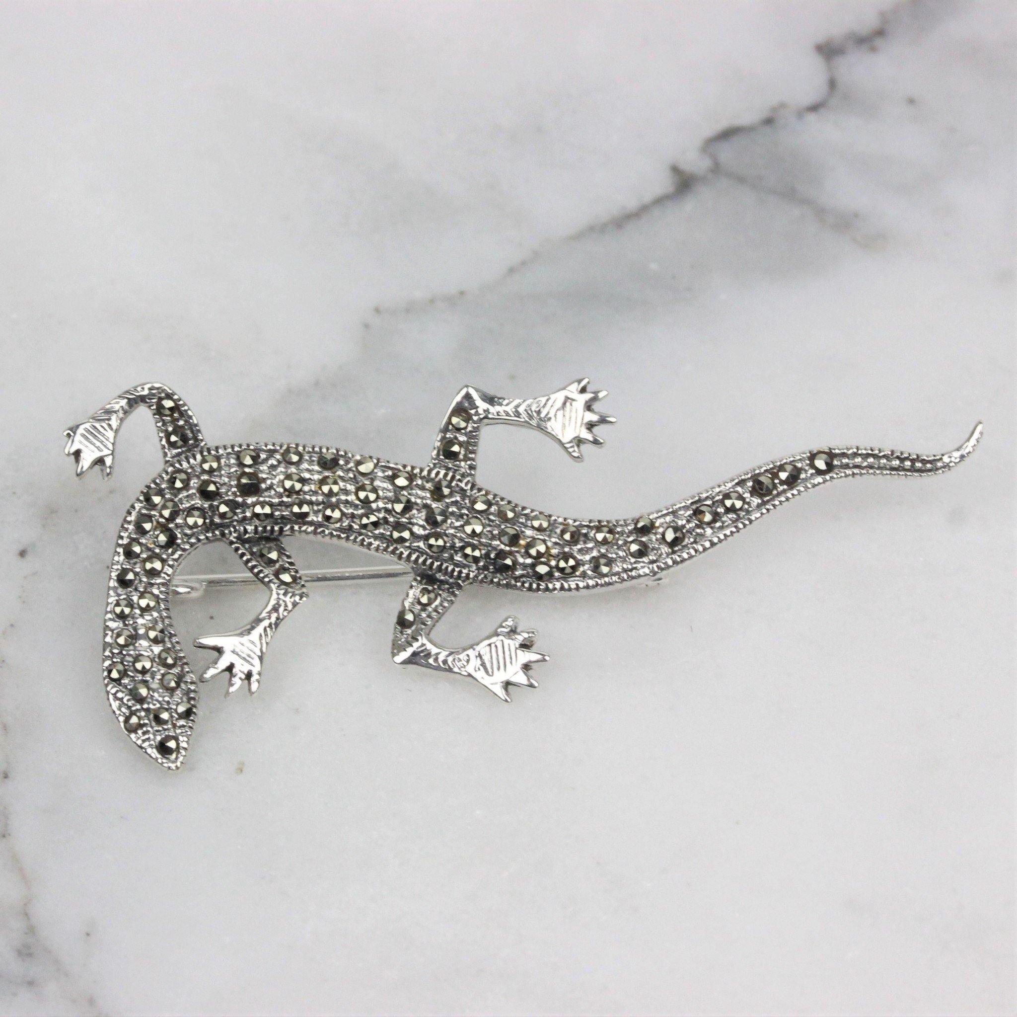 Sterling Silver Marcasite Lizard Gecko Brooch Pin Vintage Inspired - STERLING SILVER DESIGNS