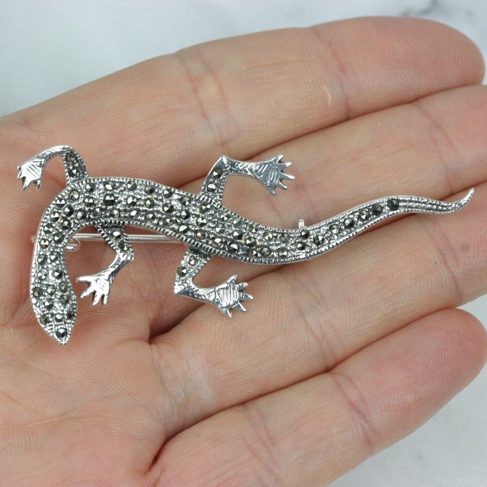 Sterling Silver Marcasite Lizard Gecko Brooch Pin Vintage Inspired - STERLING SILVER DESIGNS
