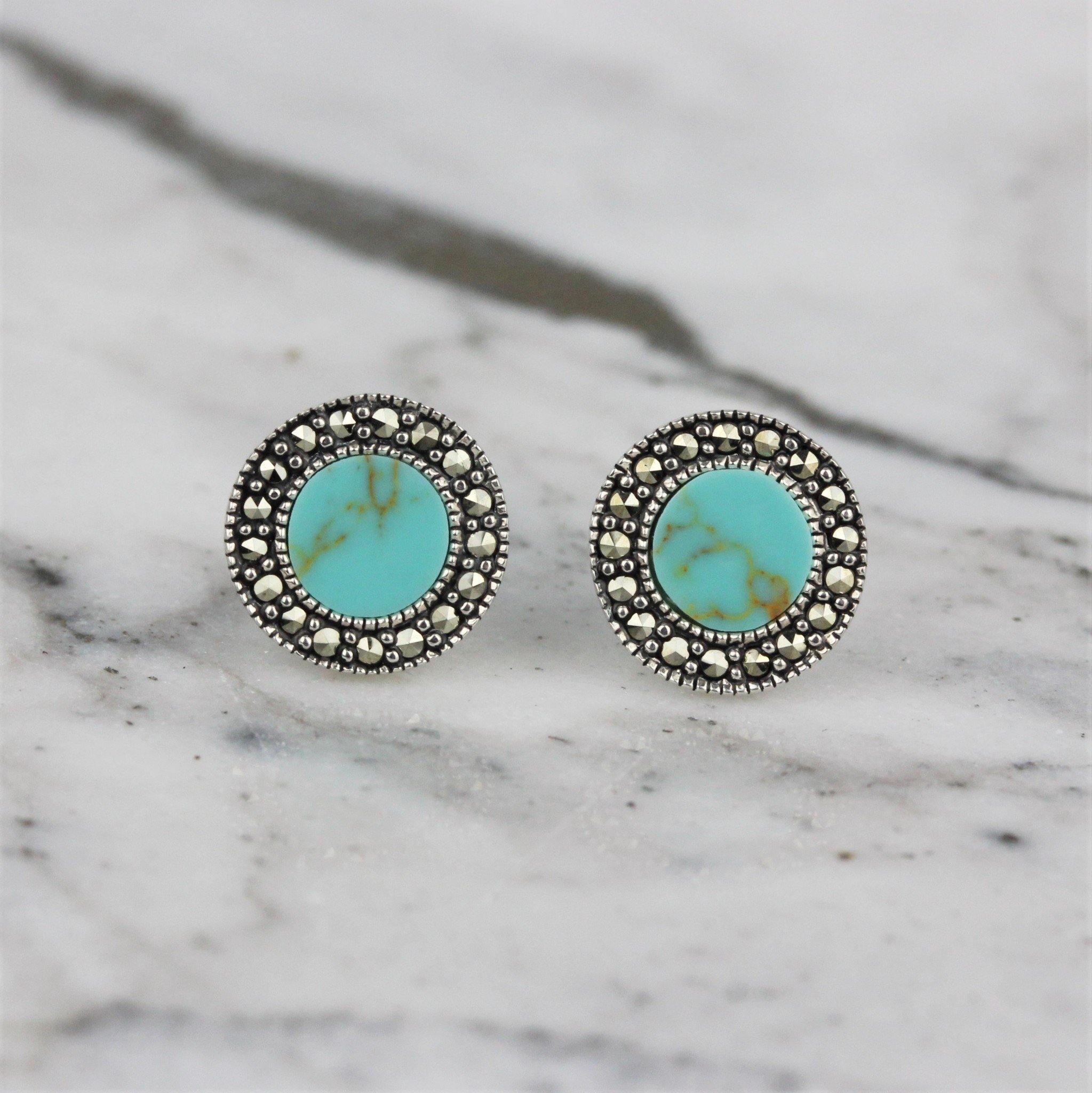 Sterling Silver Marcasite Turquoise 10mm Round Halo Stud Earrings - STERLING SILVER DESIGNS