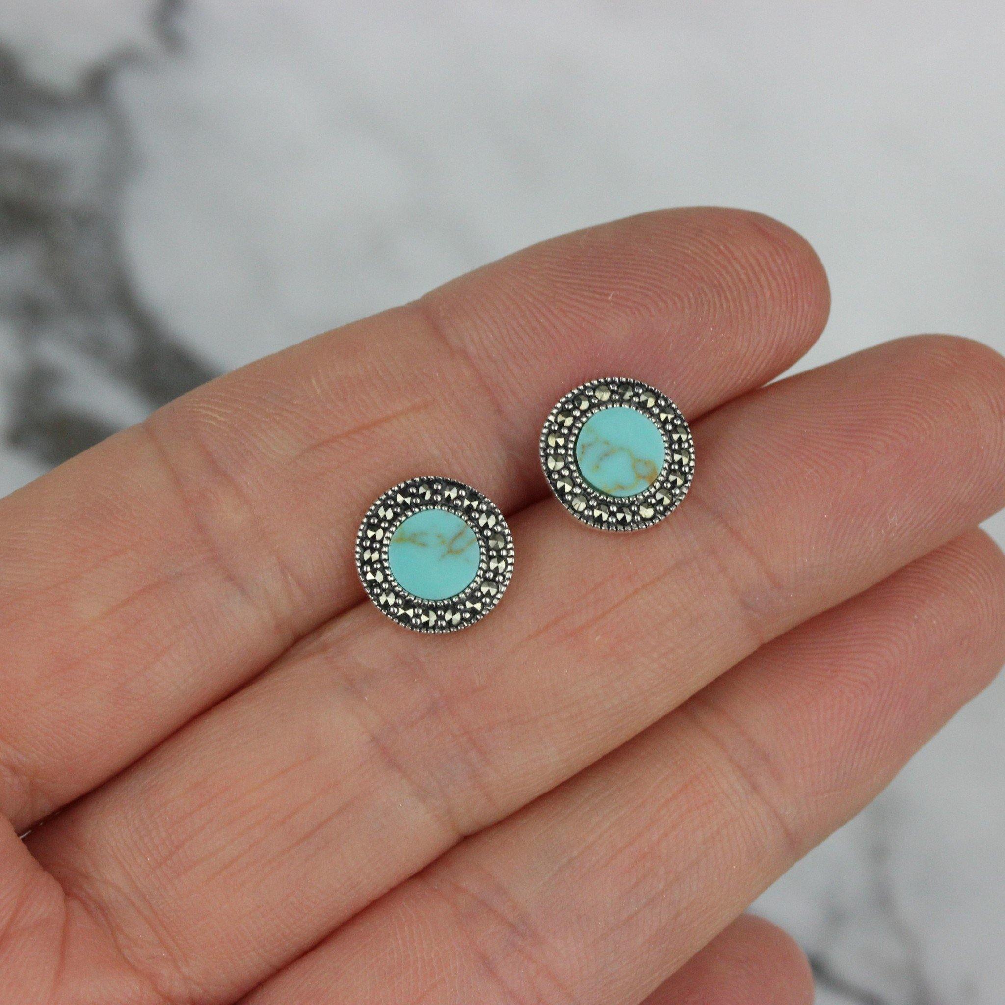 Sterling Silver Marcasite Turquoise 10mm Round Halo Stud Earrings - STERLING SILVER DESIGNS
