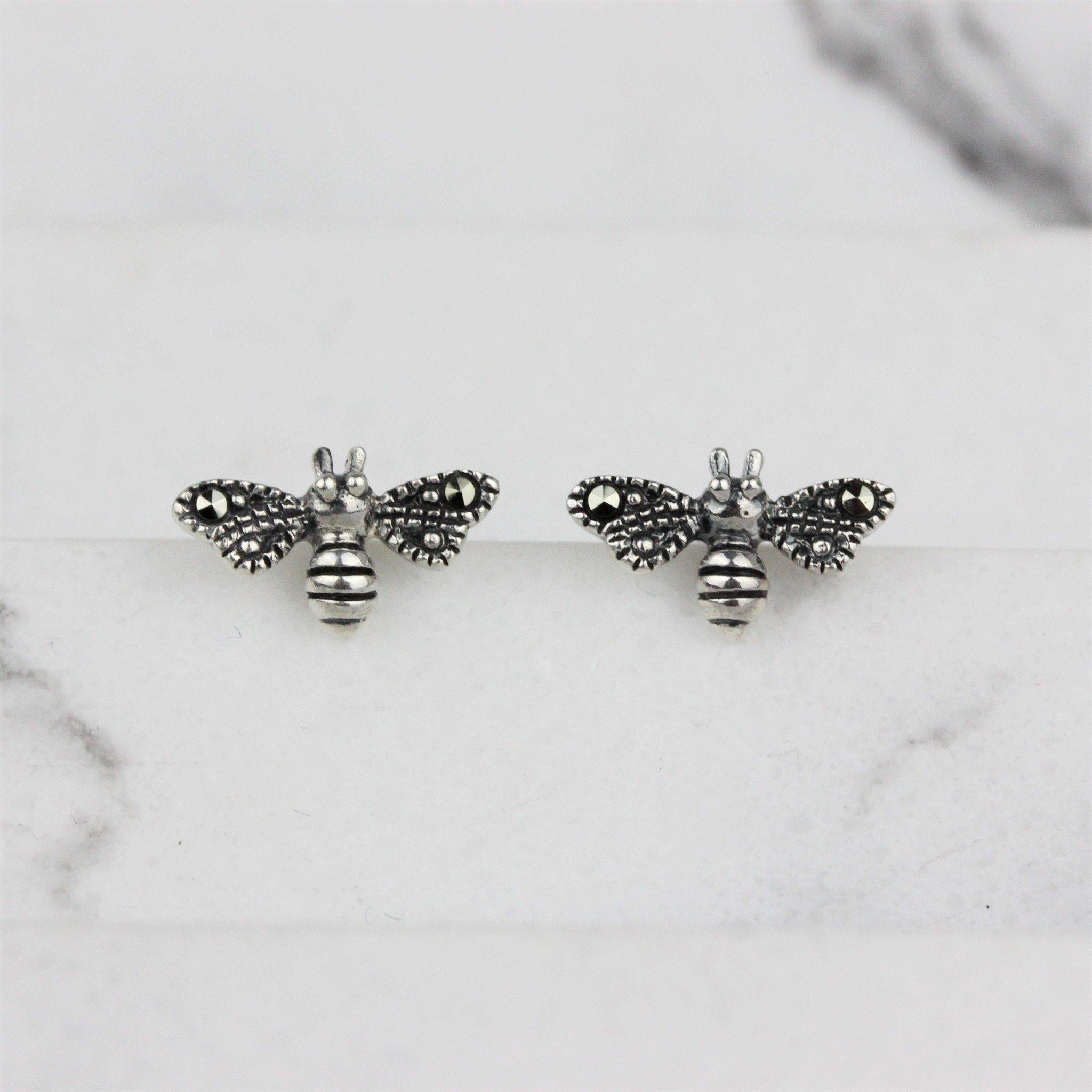 Sterling Silver Marcasite Vintage Style Small Bumblebee Bee Stud Earrings - STERLING SILVER DESIGNS