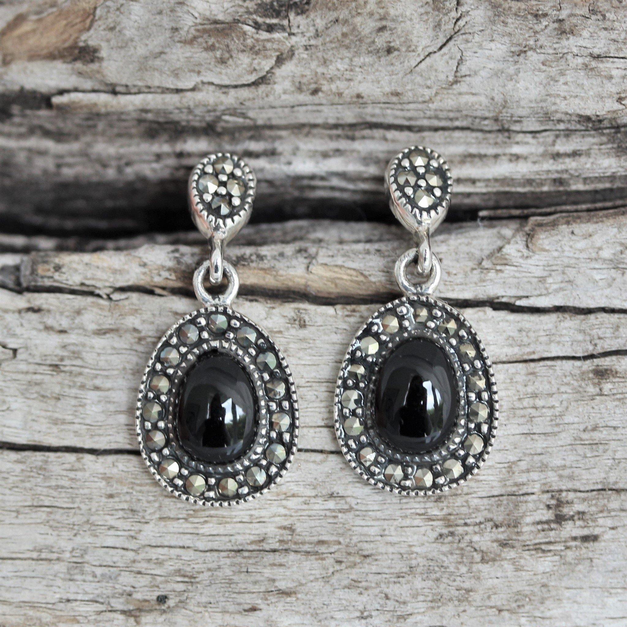 Sterling Silver Marcasite & Oval Shape Black Onyx Drop Earrings Vintage Look - STERLING SILVER DESIGNS