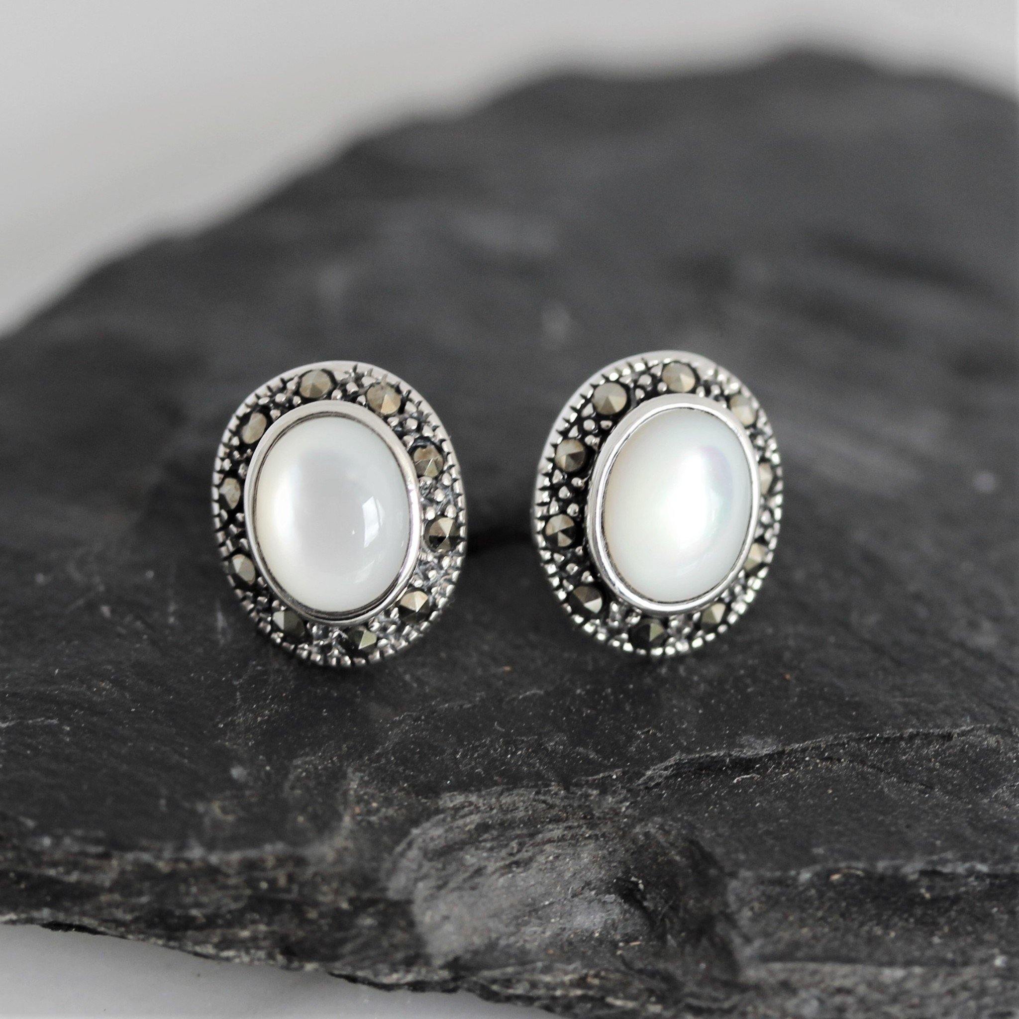 Sterling Silver Marcasite & Mother of Pearl Oval Stud Earrings - STERLING SILVER DESIGNS