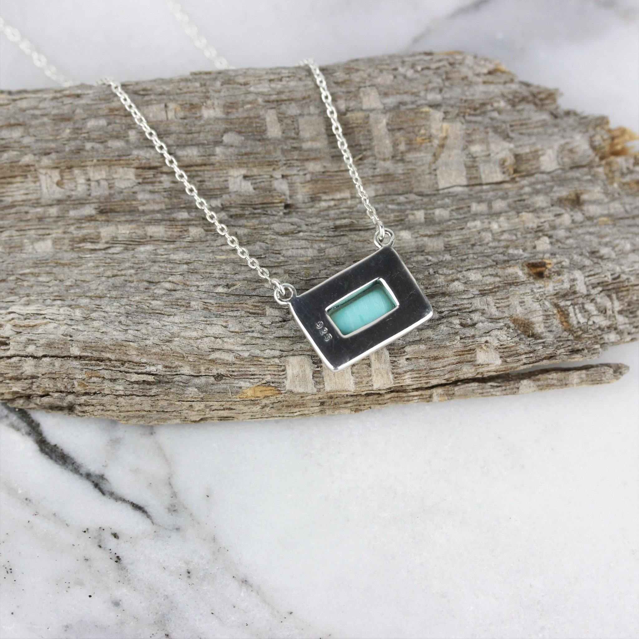 Sterling Silver Marcasite & Turquoise Rectangular Halo Pendant Necklace 40cm - STERLING SILVER DESIGNS