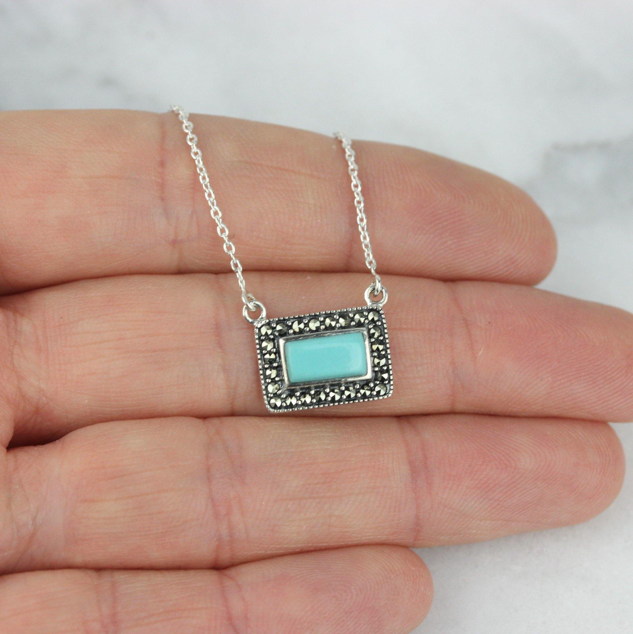 Sterling Silver Marcasite & Turquoise Rectangular Halo Pendant Necklace 40cm - STERLING SILVER DESIGNS