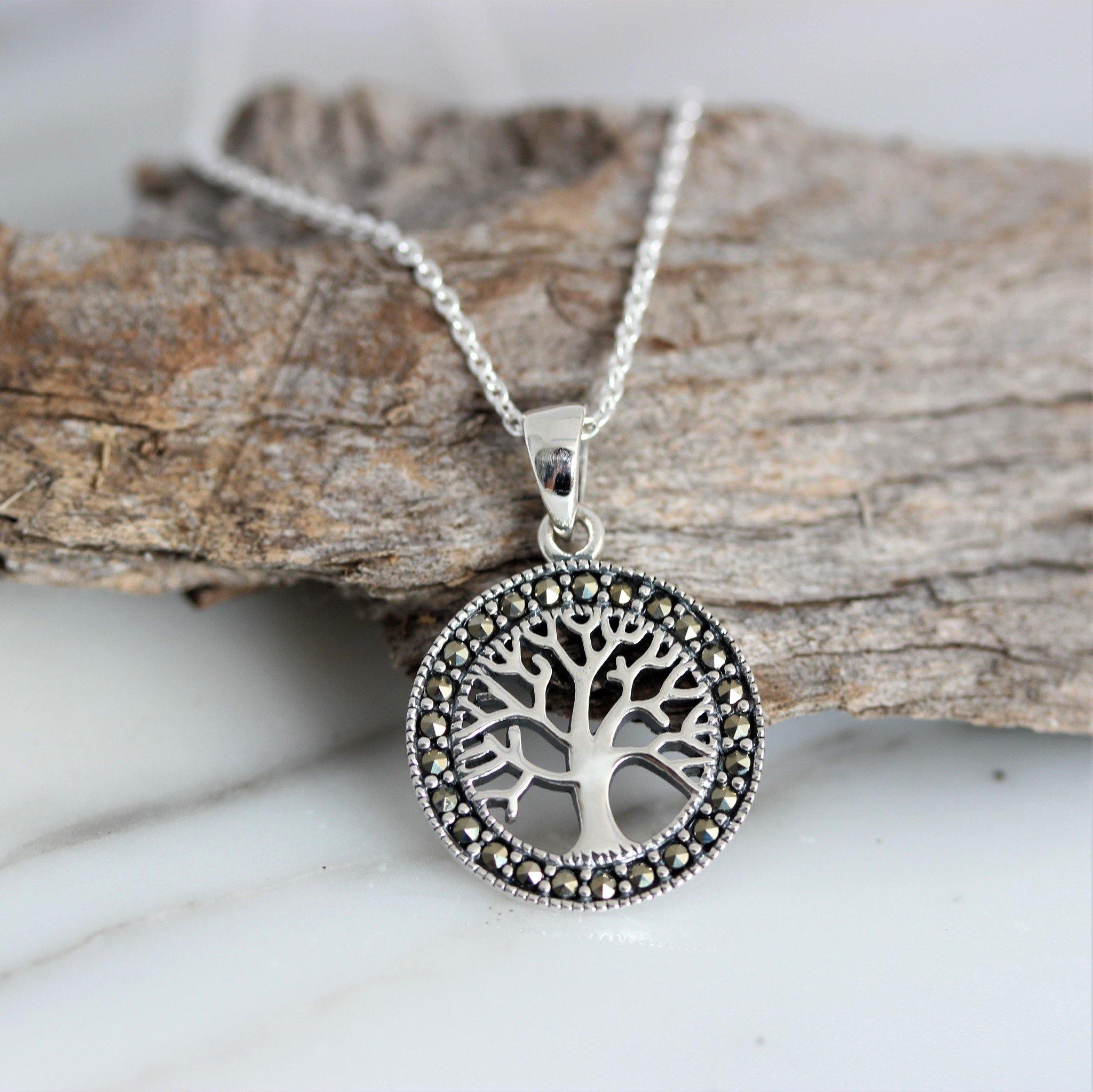 Sterling Silver Tree Of Life Marcasite Pendant Necklace - STERLING SILVER DESIGNS
