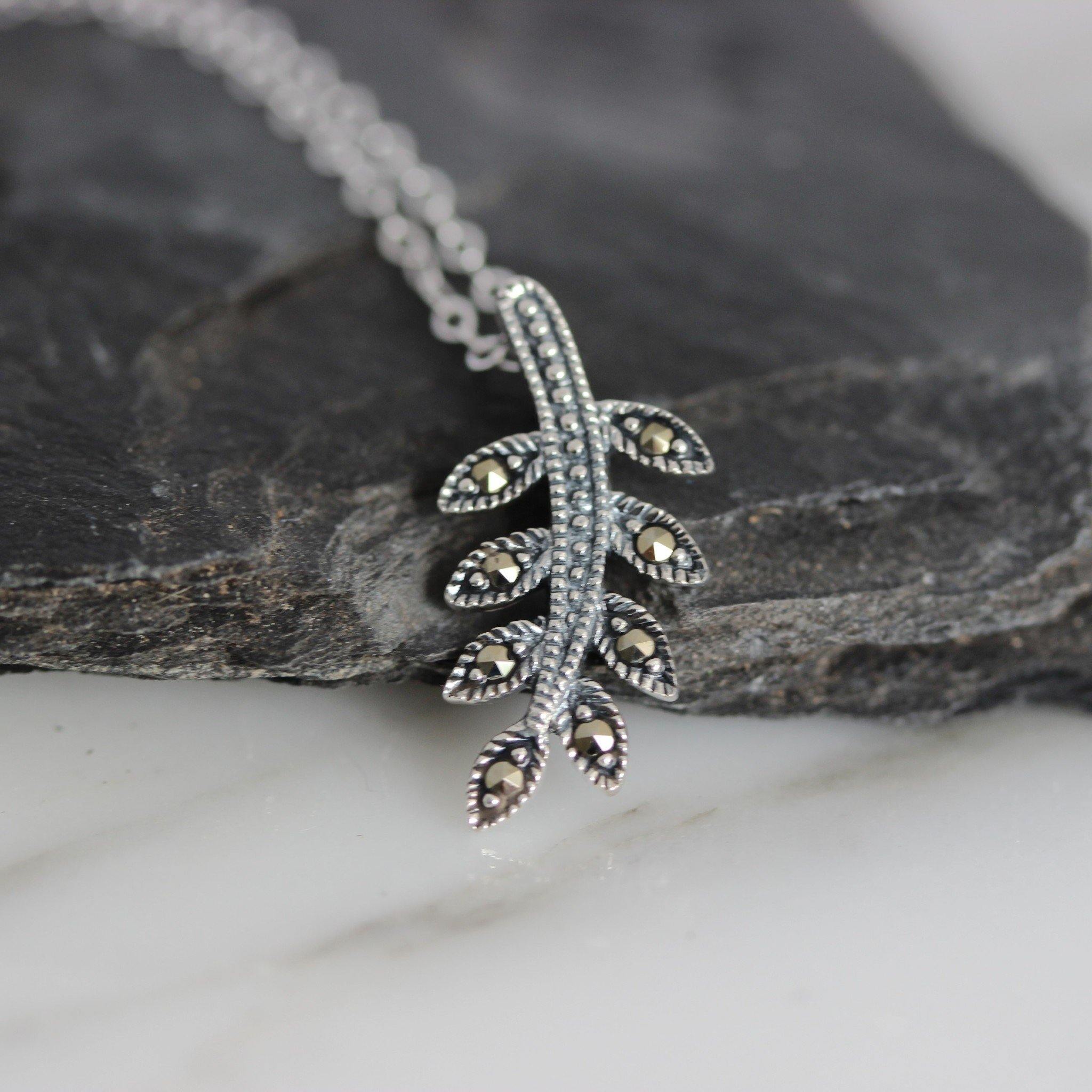 Sterling Silver Marcasite Vintage Inspired Leaf Leaves Necklace Pendant 42cm - STERLING SILVER DESIGNS