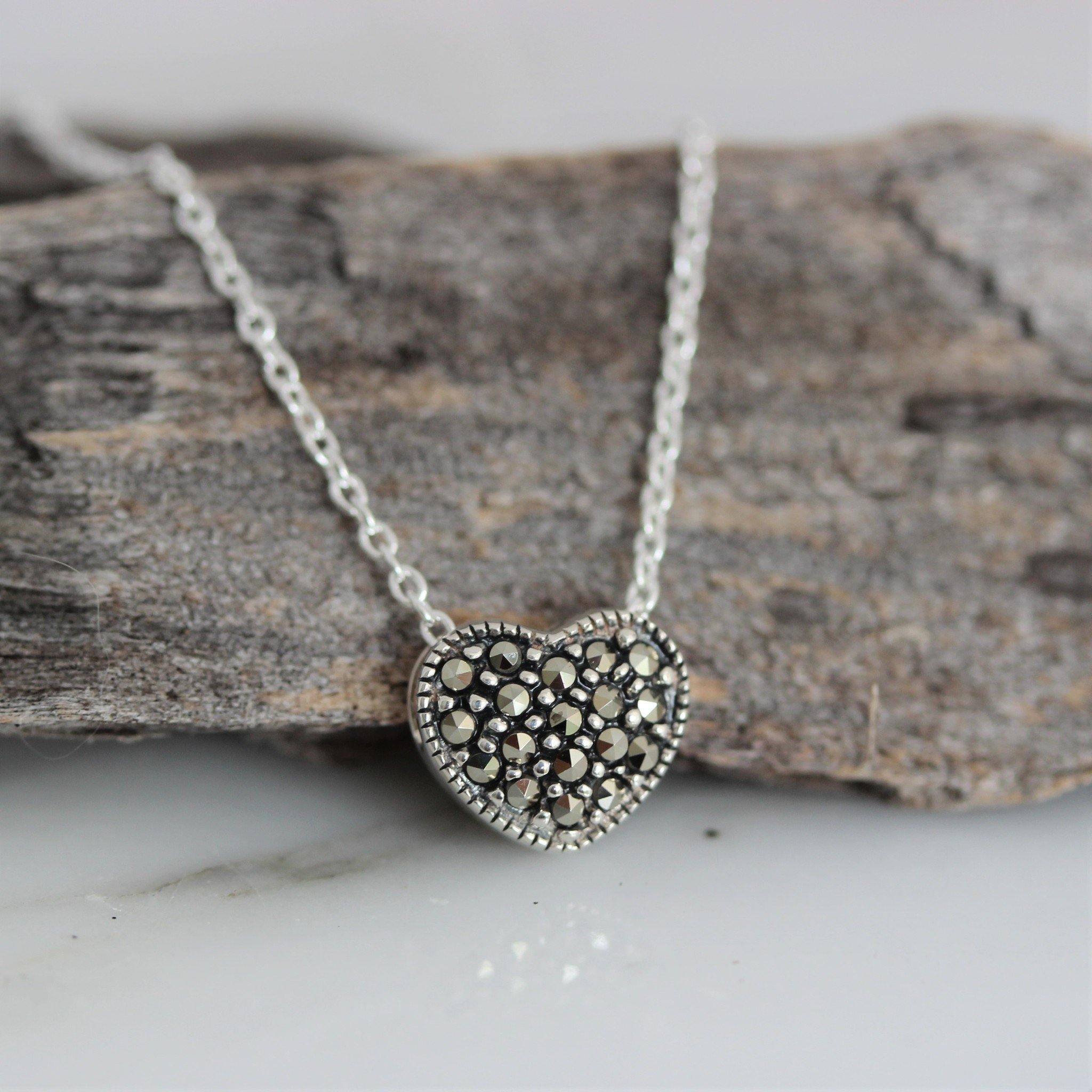 Sterling Silver Marcasite Small Heart Necklace Slider Pendant 42+3cm Length - STERLING SILVER DESIGNS
