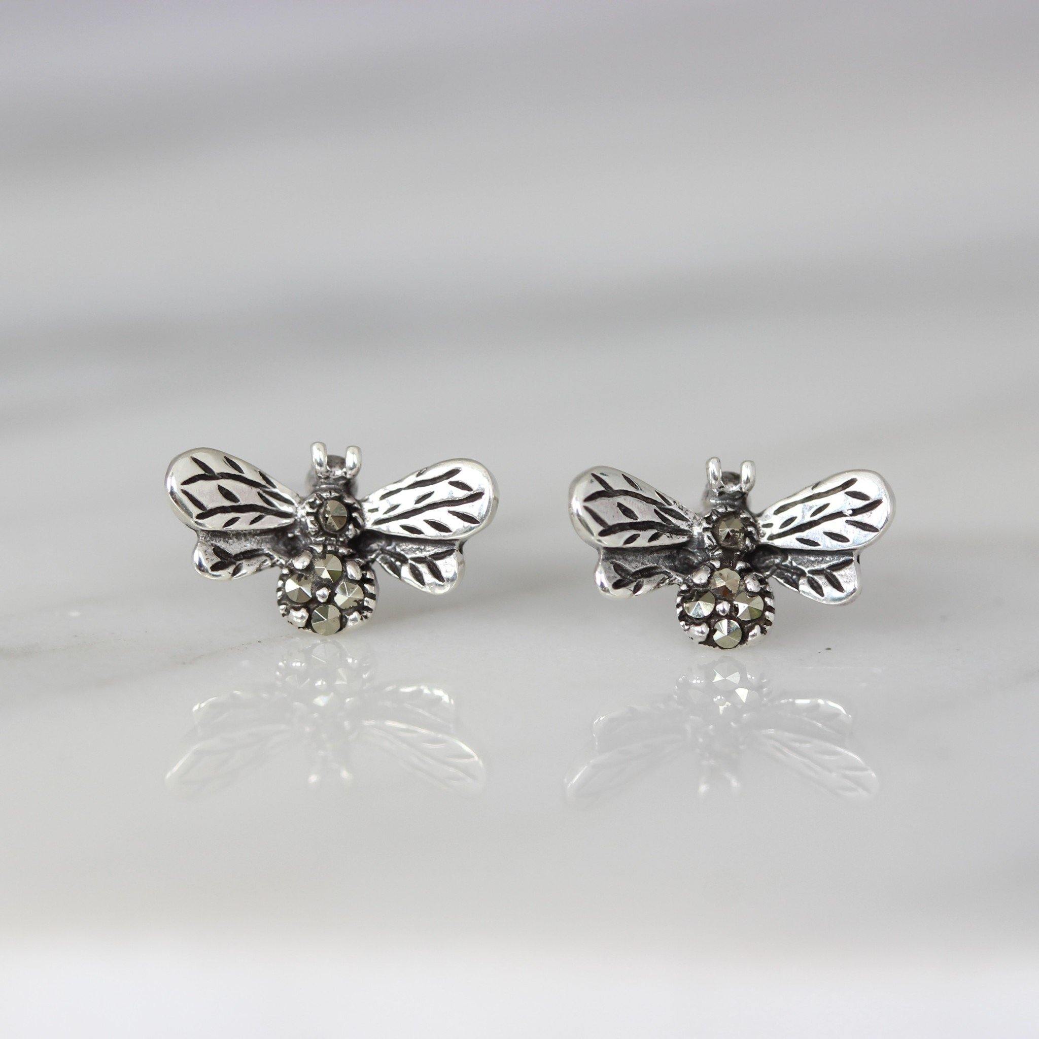 Sterling Silver Marcasite Vintage Style Bumblebee Bee Stud Earrings - STERLING SILVER DESIGNS
