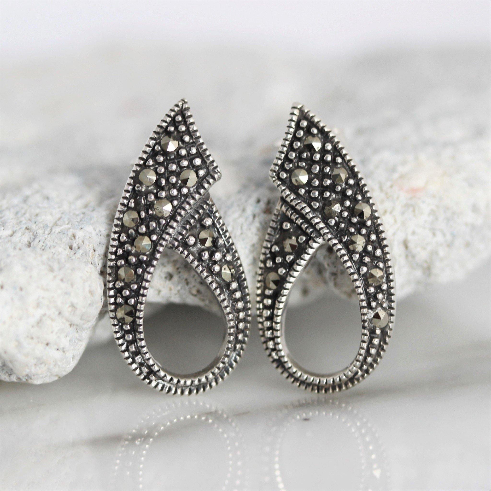 Sterling Silver Big Marcasite Stud Earrings Vintage Inspired - STERLING SILVER DESIGNS