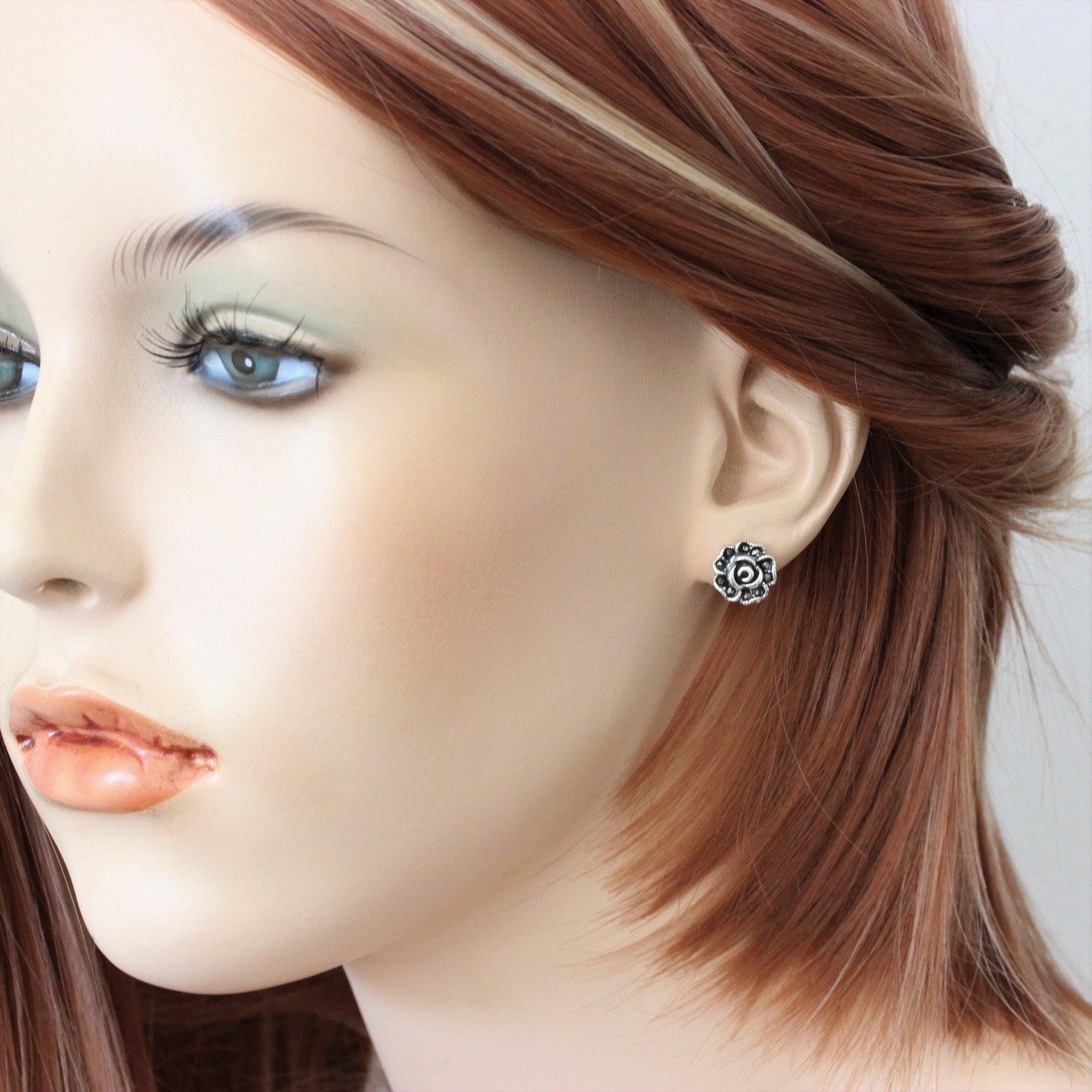 Sterling Silver Marcasite Vintage Style 10mm Flower Stud Earrings - STERLING SILVER DESIGNS