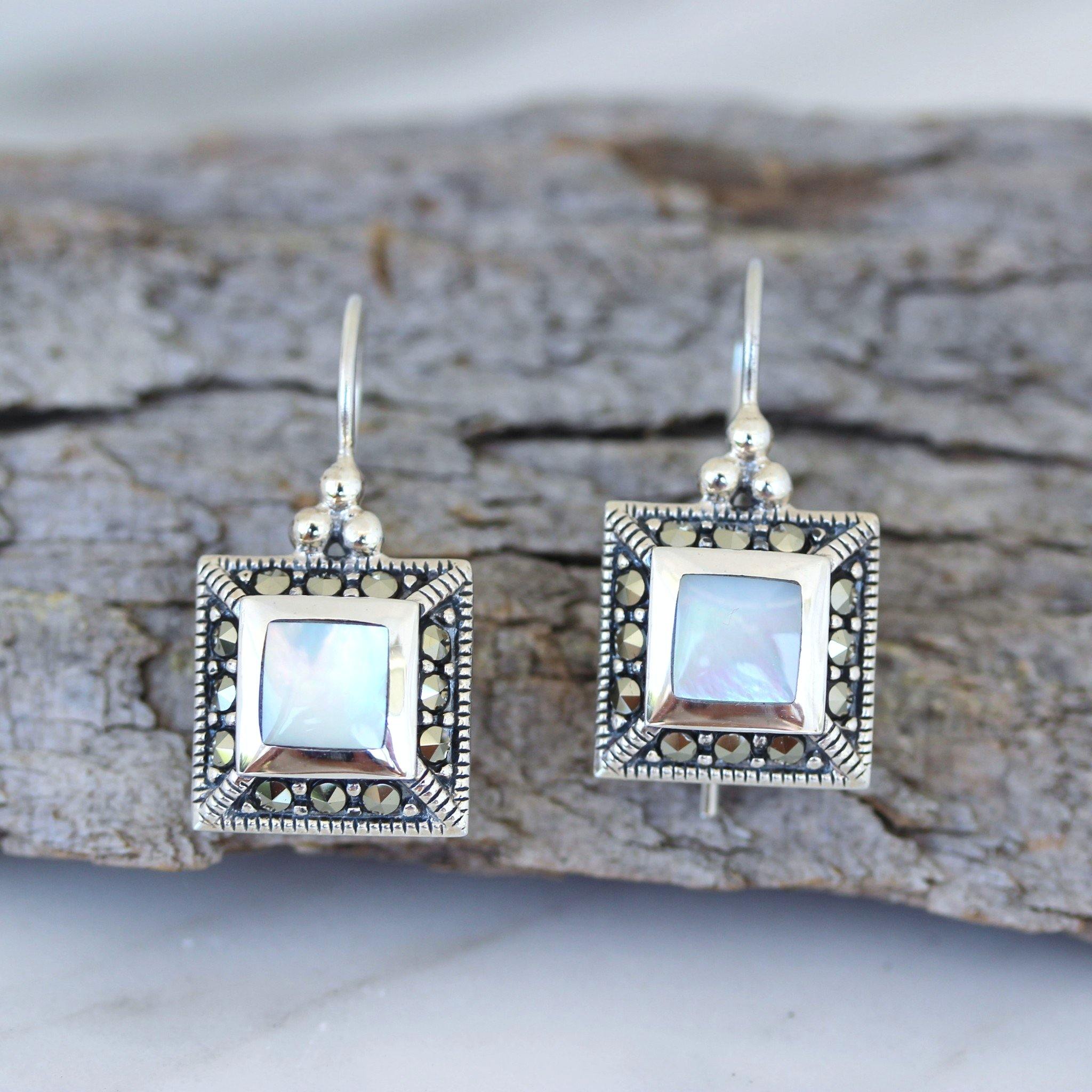 Sterling Silver Marcasite & Mother of Pearl French Hook Square Drop Earrings - STERLING SILVER DESIGNS