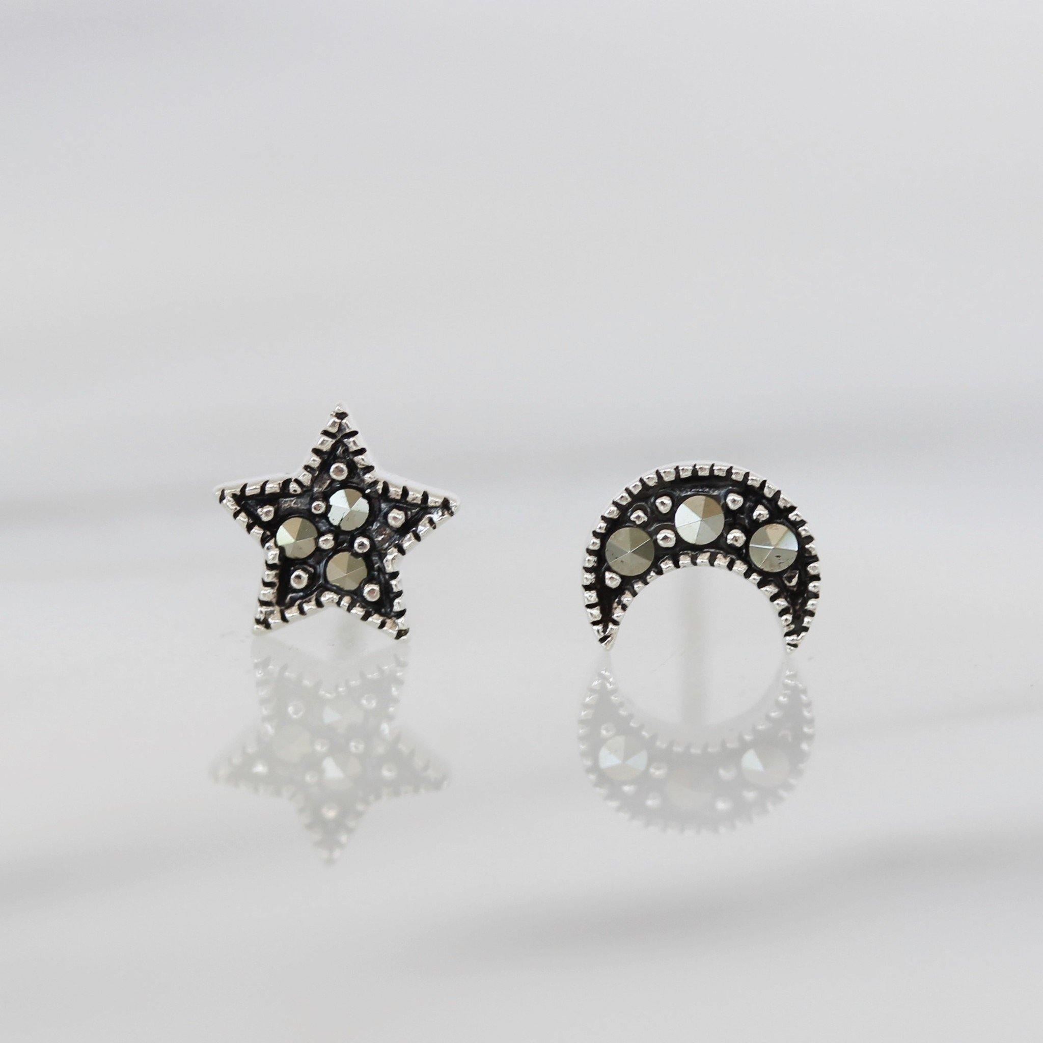 Sterling Silver Star & Moon Marcasite Stud Earrings - STERLING SILVER DESIGNS