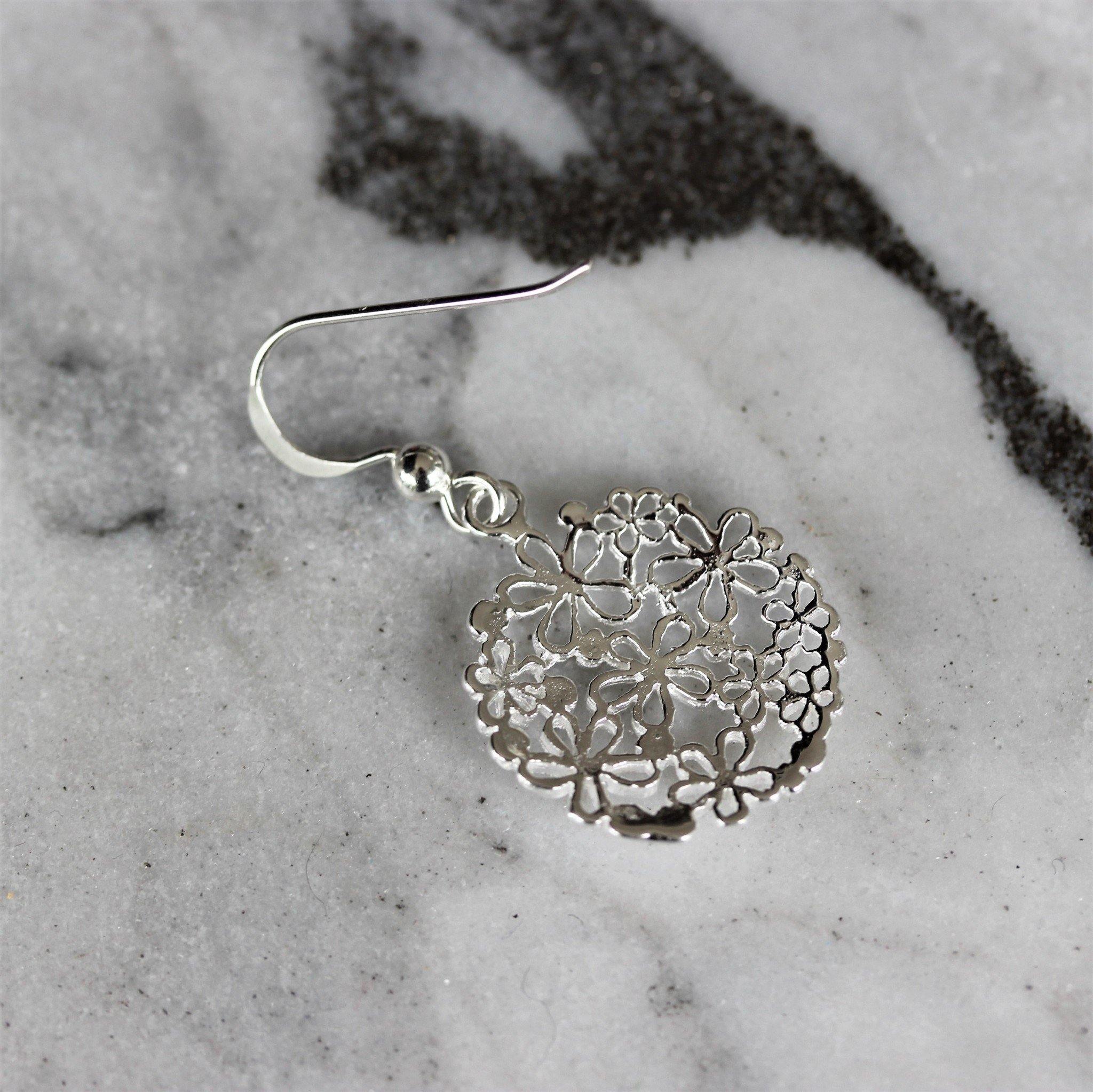Sterling Silver Cut Out Flower Round Hook Drop Dangle Earrings - STERLING SILVER DESIGNS
