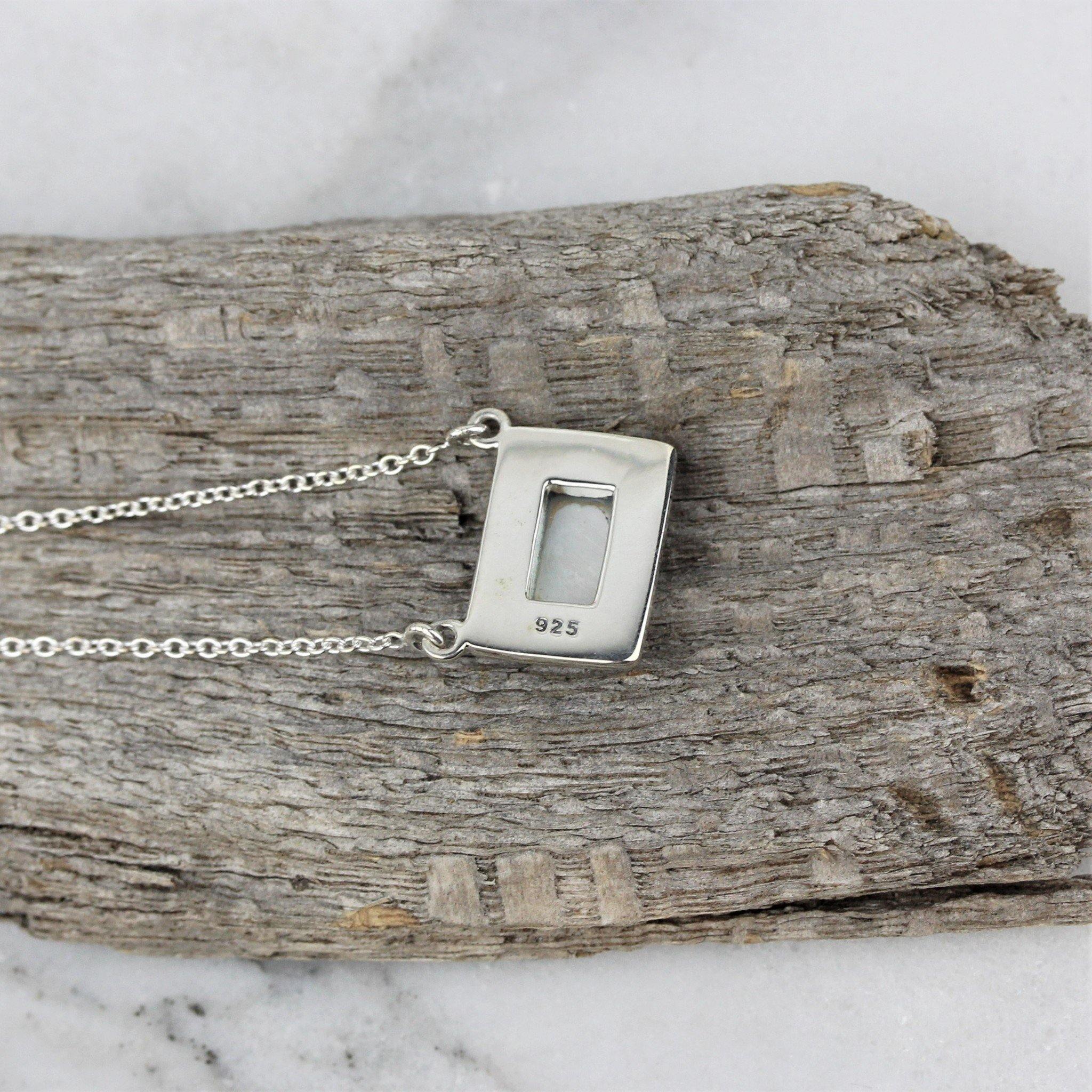 Sterling Silver Marcasite & Mother Of Pearl Rectangular Halo Pendant Necklace - STERLING SILVER DESIGNS