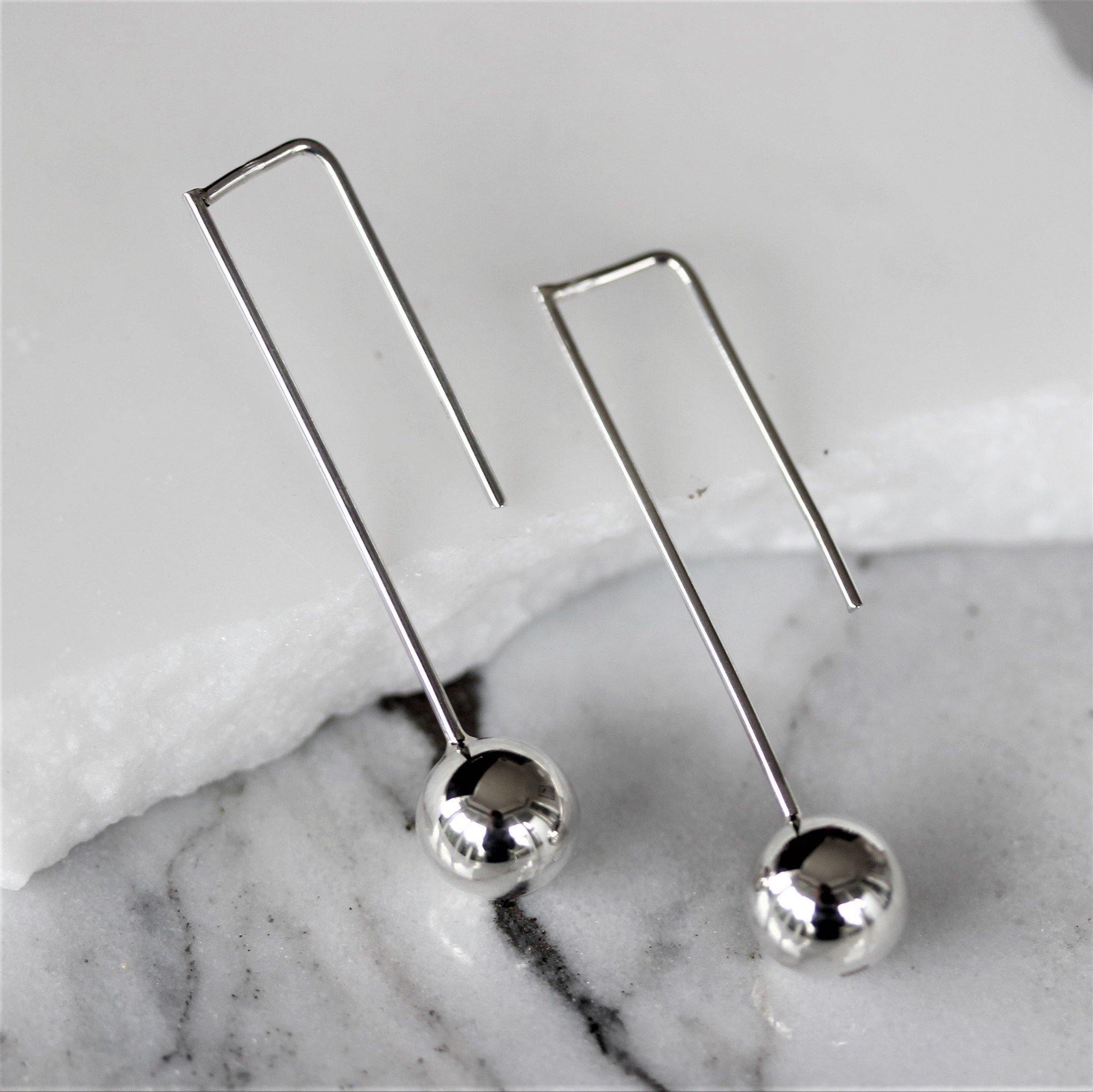 Sterling Silver Long Hook With 8mm Round Ball Drop Earrings - STERLING SILVER DESIGNS