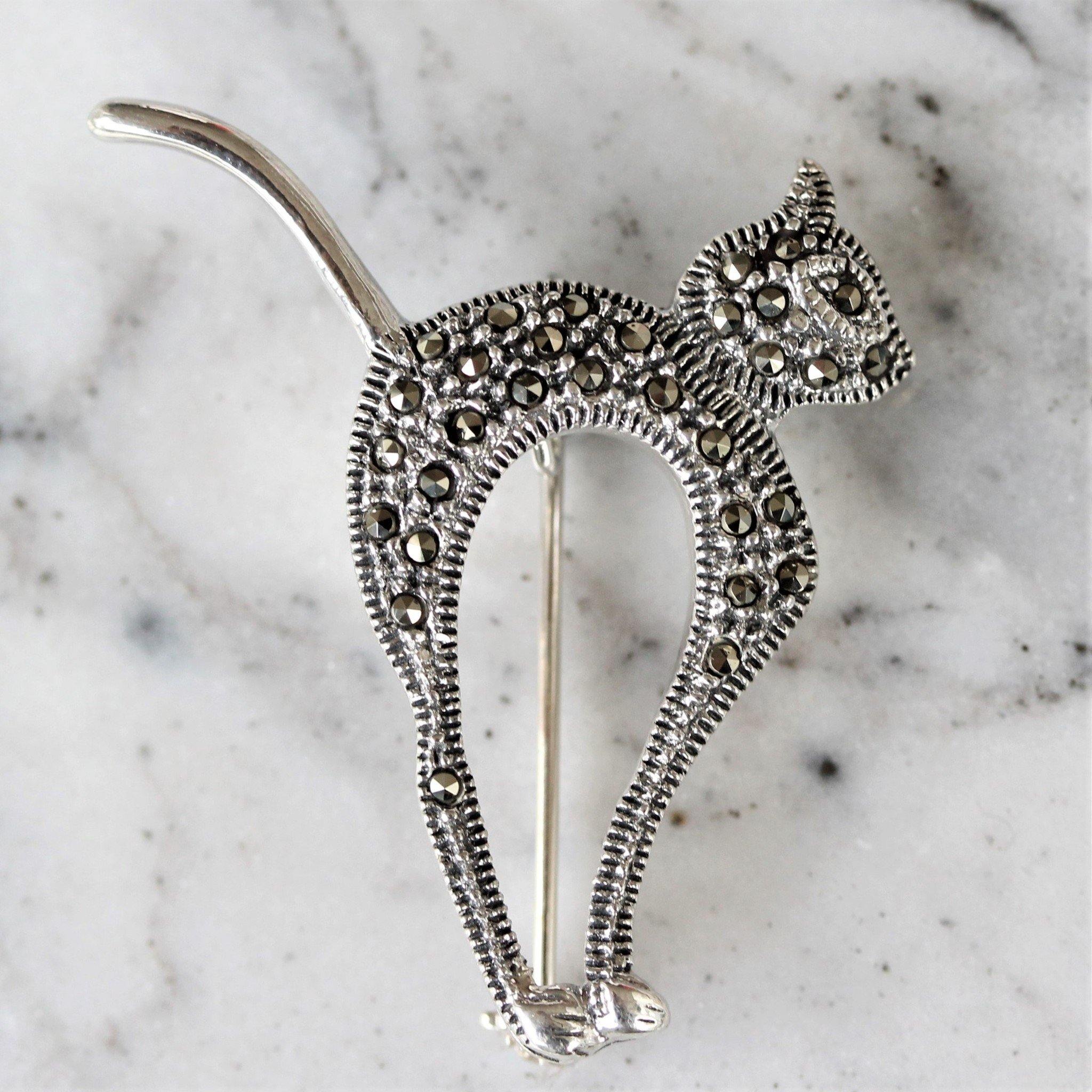 Sterling Silver Marcasite Vintage Inspired Cat Kitten Brooch Pin - STERLING SILVER DESIGNS