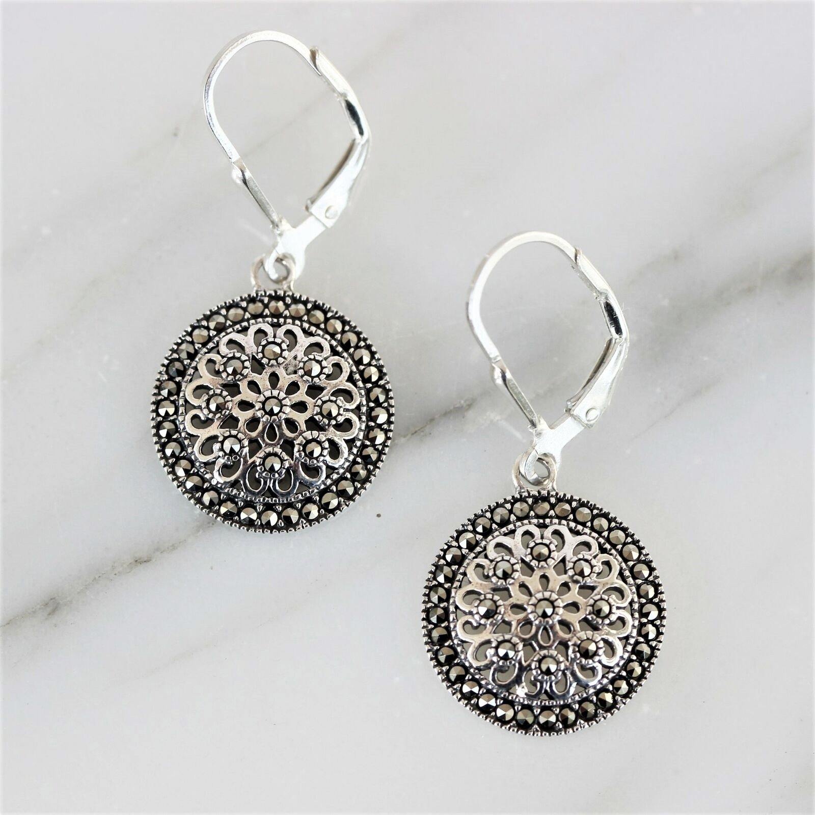 Sterling Silver Marcasite 15mm Round Leverback Drop Earrings - STERLING SILVER DESIGNS